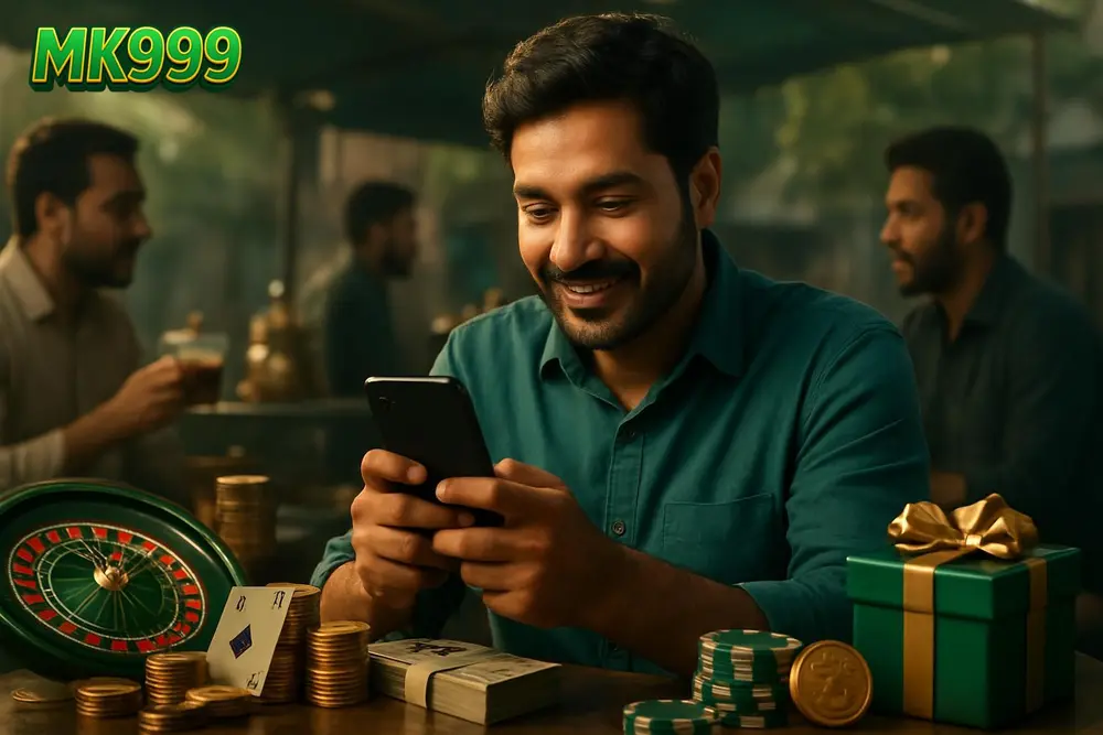MK999 app โ a Pakistani man downloading an app on his smartphone while sitting outdoors at a tea stall with friends MK999 app โ a Pakistani man downloading an app on his smartphone while sitting outdoors at a tea stall with friends