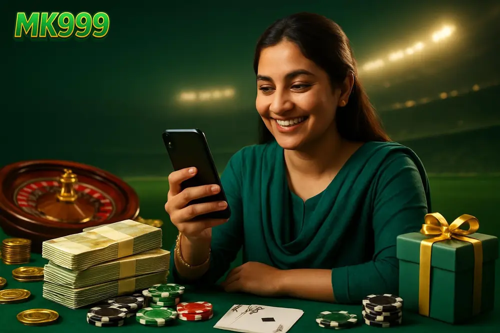 MK999 deposit โ a Pakistani woman smiling while holding her phone next to stacked rupee notes on a table in a bright MK999 deposit โ a Pakistani woman smiling while holding her phone next to stacked rupee notes on a table in a bright