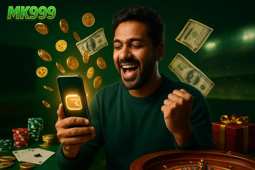 MK999 deposit โ a happy Pakistani man celebrating as gold coins and banknotes fan out around a glowing mobile-wallet MK999 deposit โ a happy Pakistani man celebrating as gold coins and banknotes fan out around a glowing mobile-wallet