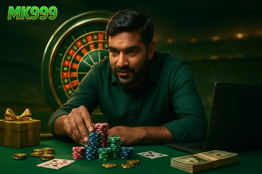 MK999 games โ a Pakistani man leaning over a table stacked with colorful chips as a spinning wheel glows behind him MK999 games โ a Pakistani man leaning over a table stacked with colorful chips as a spinning wheel glows behind him