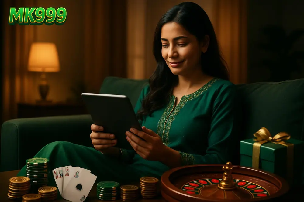 MK999 Pakistan — a Pakistani woman relaxing on a sofa using a tablet with a warm living room setting and soft