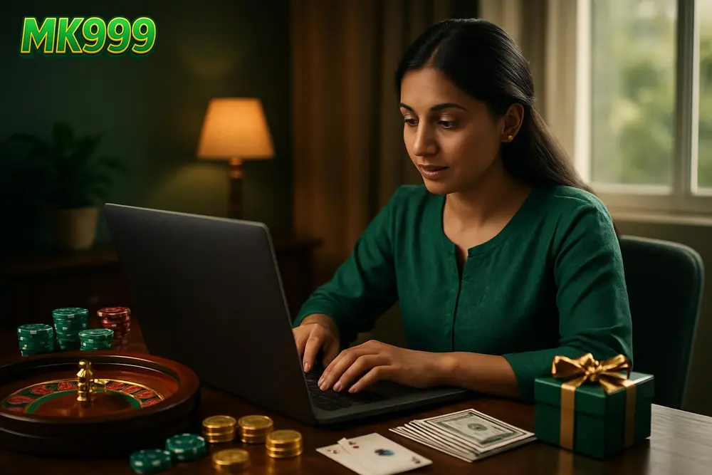MK999 login — a young Pakistani woman entering details on her laptop in a cozy home office with soft daylight
